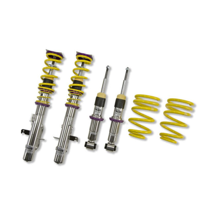 KW V1 INOX-LINE stainless steel coilover struts with yellow springs and purple composite perches for Chevrolet Camaro.