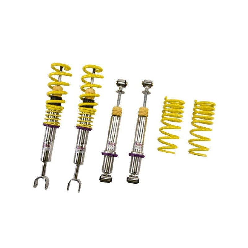 KW V1 Inox-Line stainless steel coilover struts with yellow springs and purple adjustment collars for Audi B5 Quattro