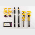 KW V1 Inox-Line stainless steel coilover struts with purple springs and yellow bump stops for Audi B8 chassis.