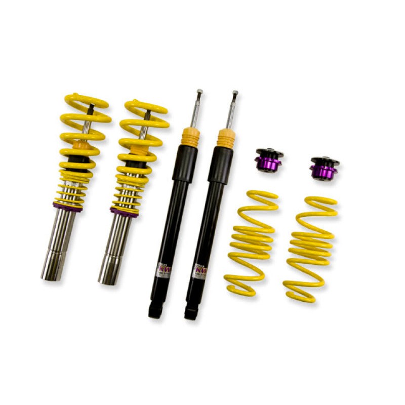 KW V1 INOX-LINE stainless steel height-adjustable coilover kit with yellow springs and purple composite perches.