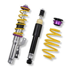KW V1 INOX-LINE stainless steel coilover struts with yellow springs and purple adjustment collars for BMW E90 and E92.