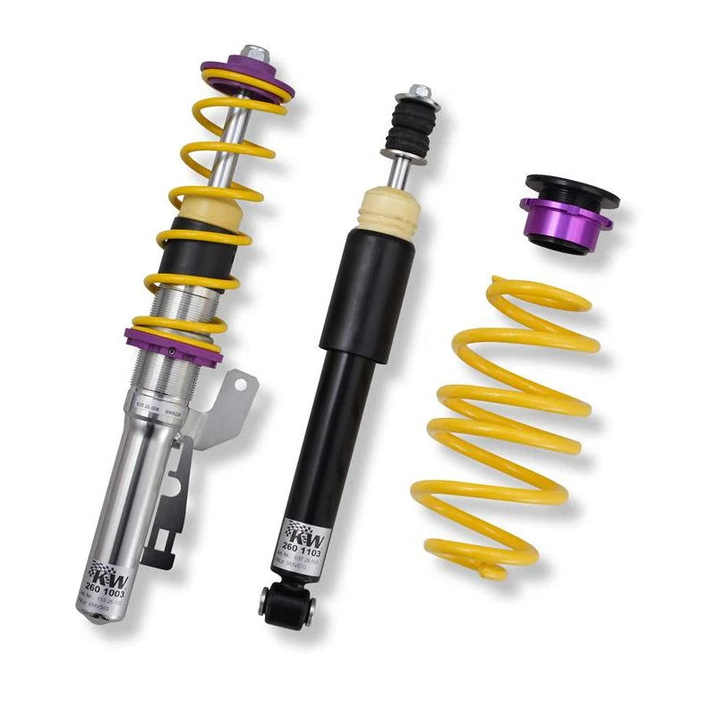 KW V1 INOX-LINE stainless steel coilover struts with yellow springs and purple adjustment collars for BMW E90 and E92.