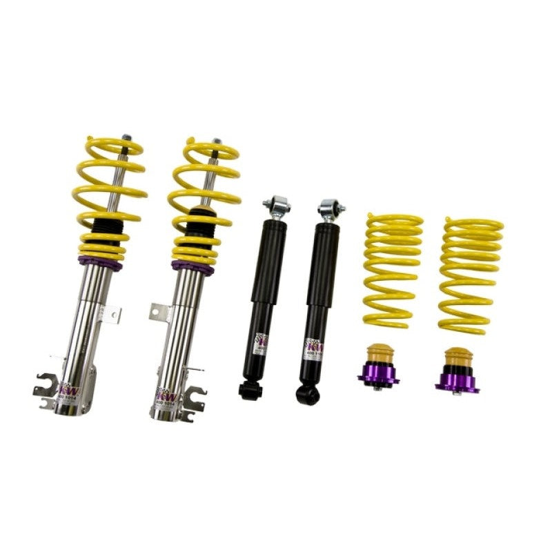 KW V1 INOX-LINE stainless steel coilover kit with yellow springs and purple perches for 2012-2019 Fiat 500 US models.