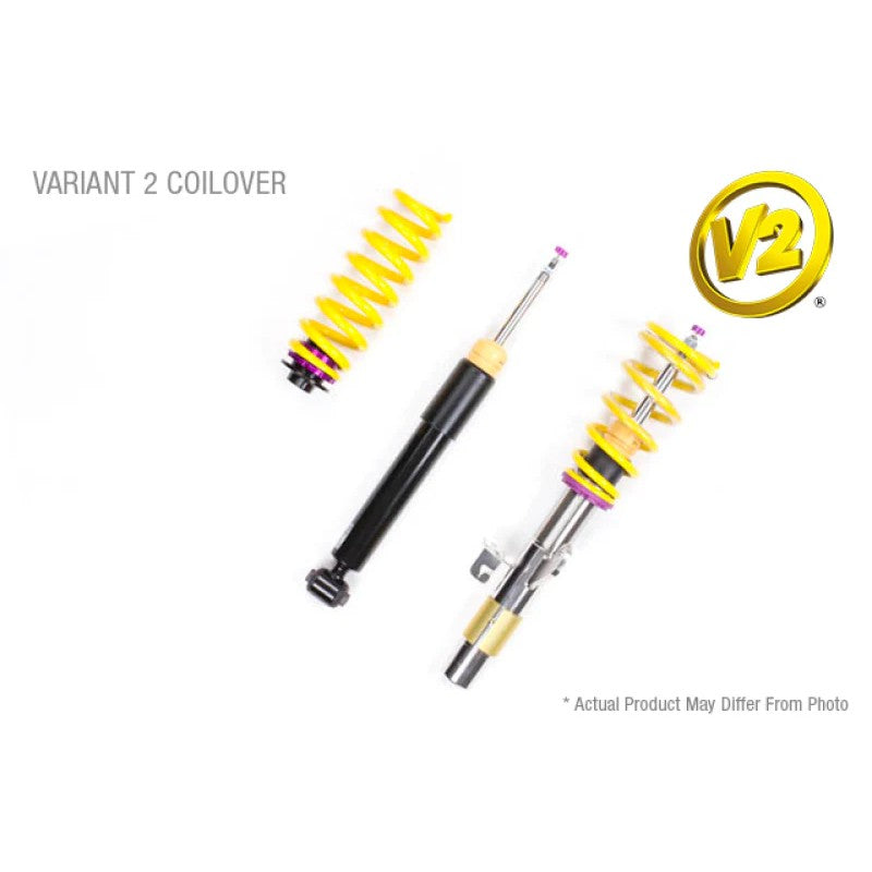 KW V2 Inox-Line stainless steel coilover kit with yellow springs and purple composite perches for BMW RWD chassis