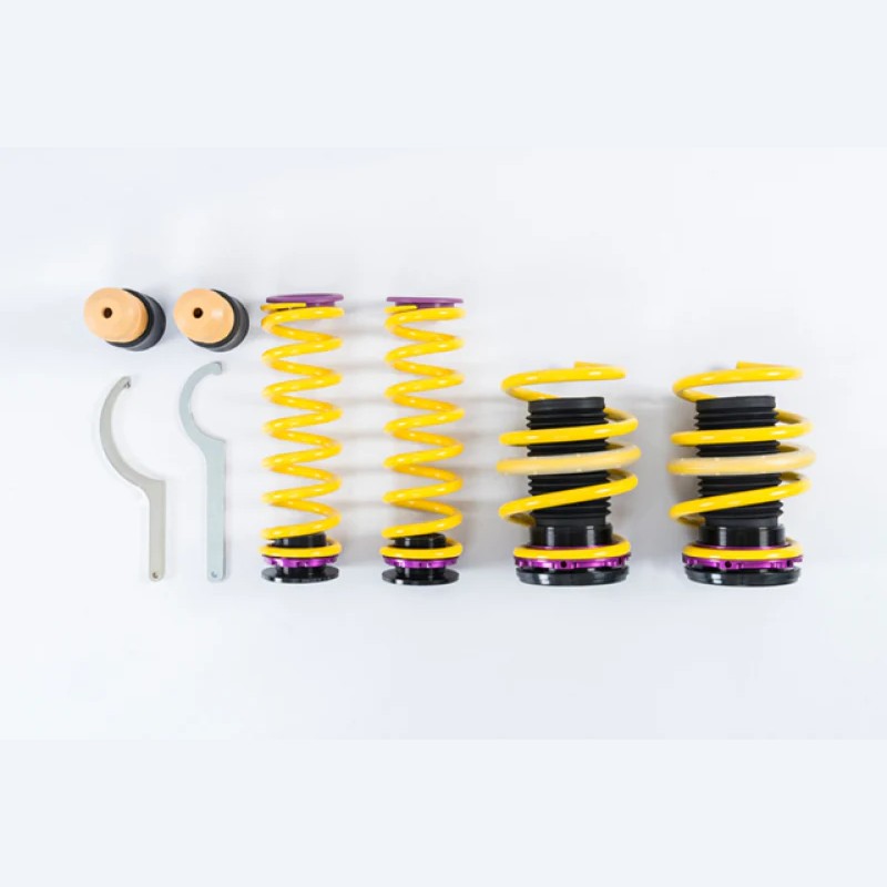 KW H.A.S. height adjustable spring kit featuring yellow springs and purple perches for Audi RS3 and S3.