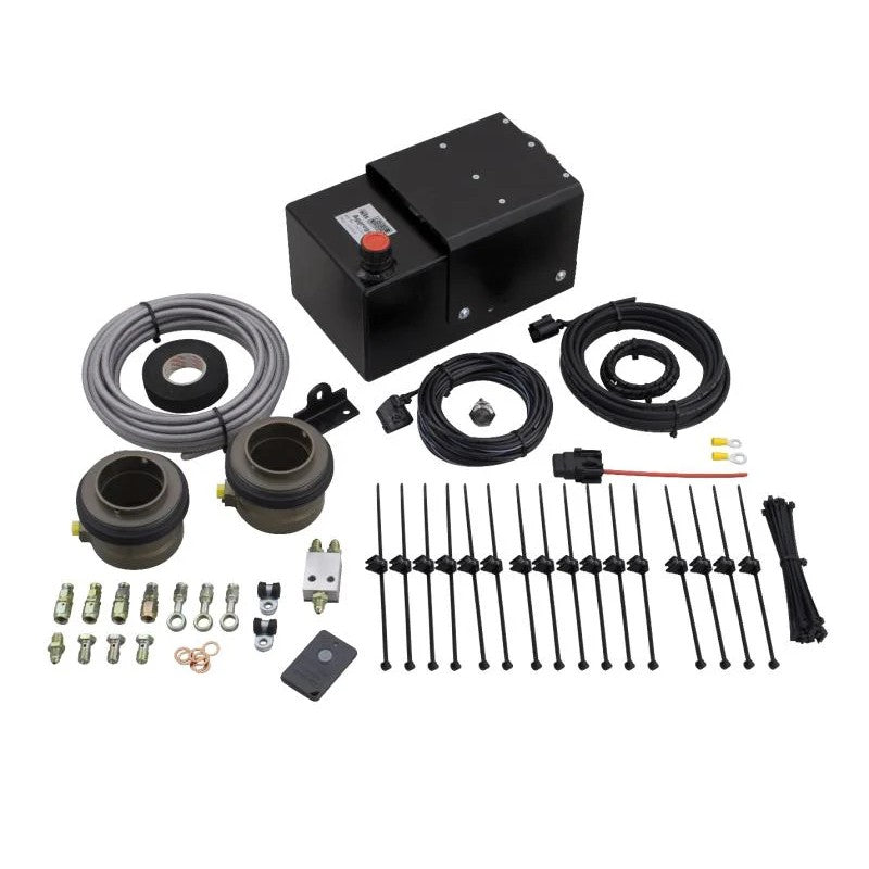 KW HLS Universal 2-Way hydraulic lift kit with two rams, pump, control unit, and installation hardware.