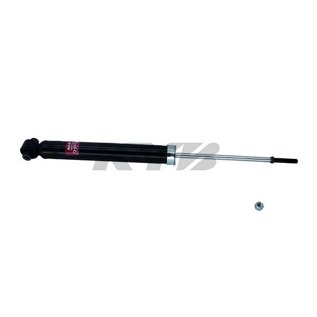 KYB Excel-G nitrogen gas-charged twin-tube rear shock absorber featuring a black finish and reinforced mounting points.