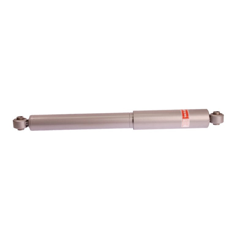 Silver KYB Gas-a-just monotube rear shock absorber with black protective boot.