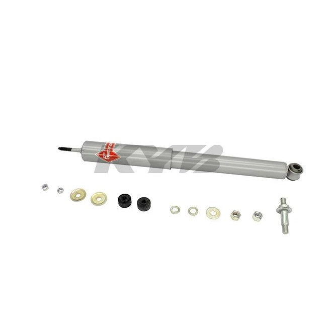 White KYB Gas-A-Just monotube rear shock absorber KG5522 with mounting hardware.