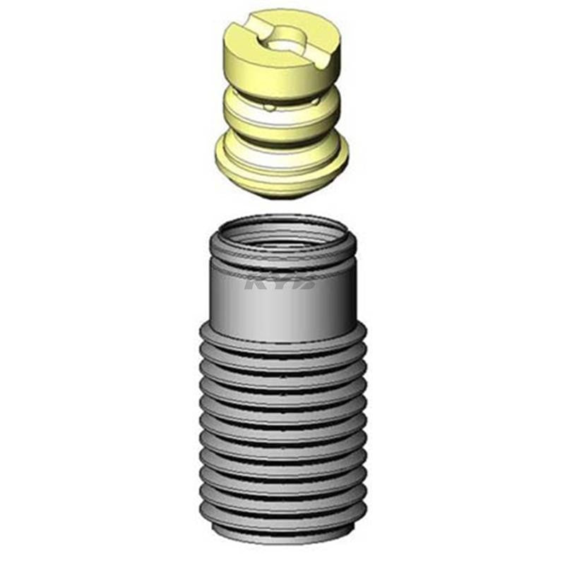KYB SB112 front strut boot kit with black plastic bellows and a yellow poly foam travel-limiting bumper