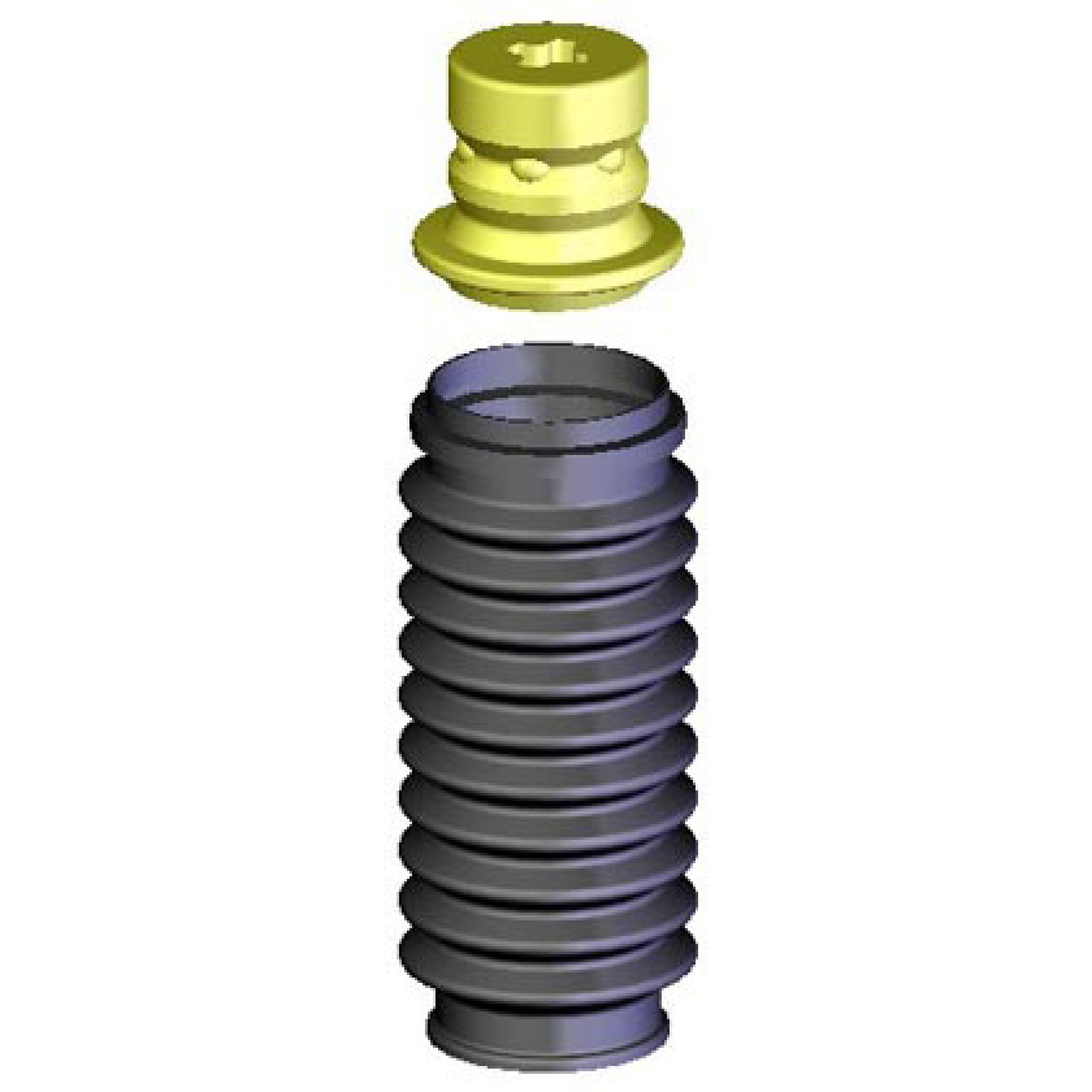 KYB SB108 black plastic bellows-style strut boot with a yellow poly foam travel-limiting bumper.