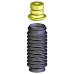 KYB SB108 black plastic bellows-style strut boot with a yellow poly foam travel-limiting bumper.