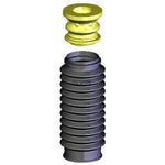 KYB SB104 black plastic bellows strut boot and yellow poly foam travel-limiting bumper.