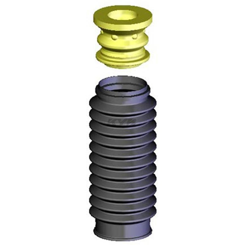 KYB SB104 black plastic bellows strut boot and yellow poly foam travel-limiting bumper.