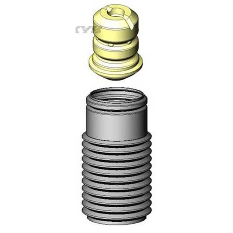 KYB SB111 front strut boot kit featuring a black plastic bellows and a yellow poly foam travel-limiting bump stop.