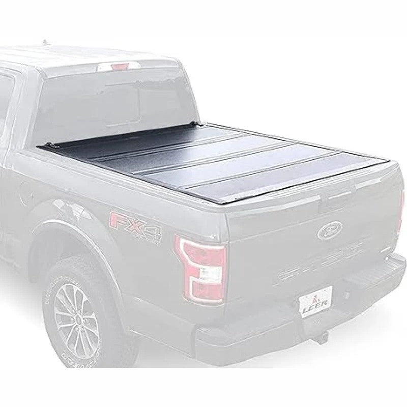 LEER HF650M 4-panel hard folding tonneau cover with 12mm low-profile flush mount on a Ford Super Duty truck bed.