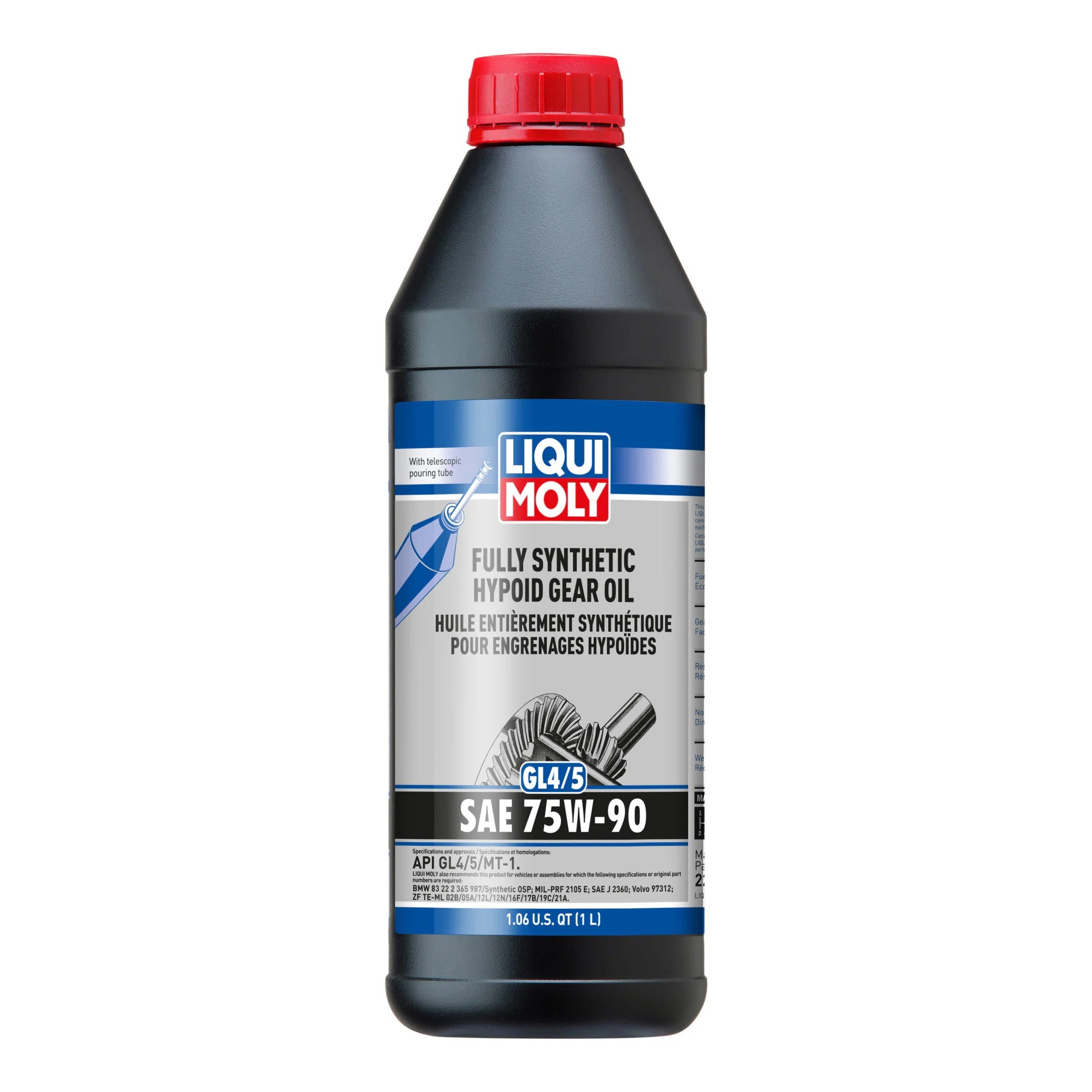 One liter bottle of LIQUI MOLY 75W-90 fully synthetic hypoid gear oil with GL4 and GL5 ratings.