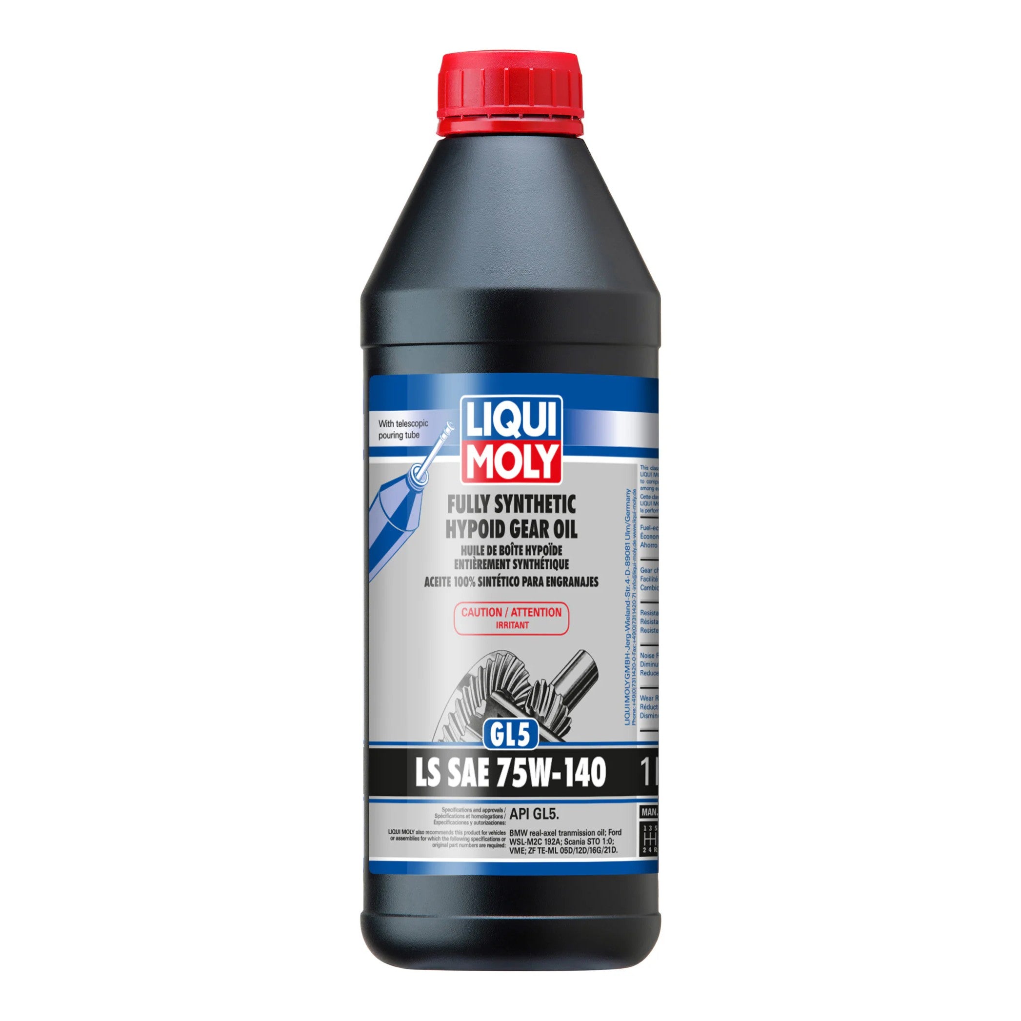 1 liter bottle of LIQUI MOLY fully synthetic 75W140 GL5 hypoid gear oil for limited slip differentials.