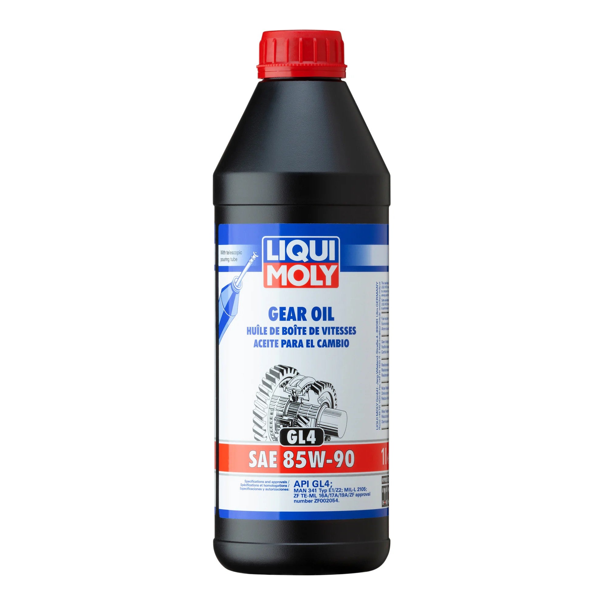 One liter bottle of LIQUI MOLY SAE 85W-90 GL4 mineral-based gear oil.