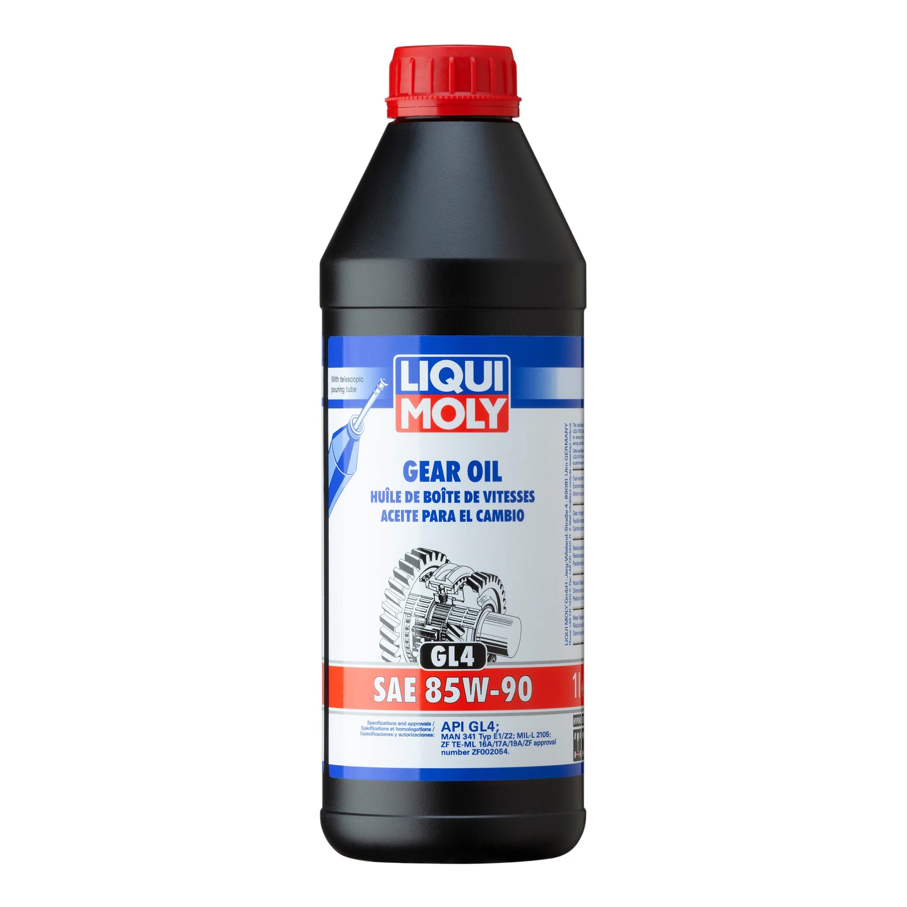 One liter bottle of LIQUI MOLY SAE 85W-90 GL4 mineral-based gear oil.