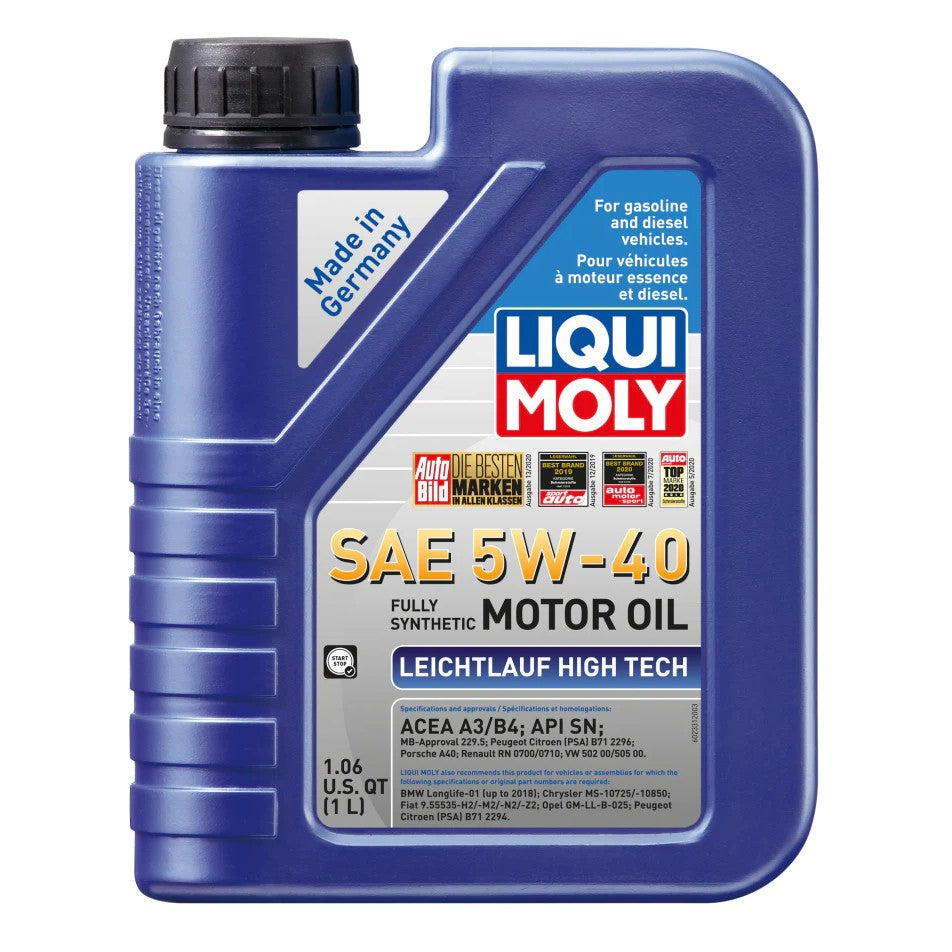 One liter bottle of LIQUI MOLY Leichtlauf High Tech SAE 5W-40 fully synthetic motor oil.