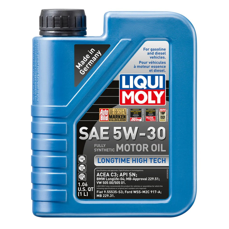 One liter bottle of LIQUI MOLY Longtime High Tech SAE 5W-30 fully synthetic motor oil