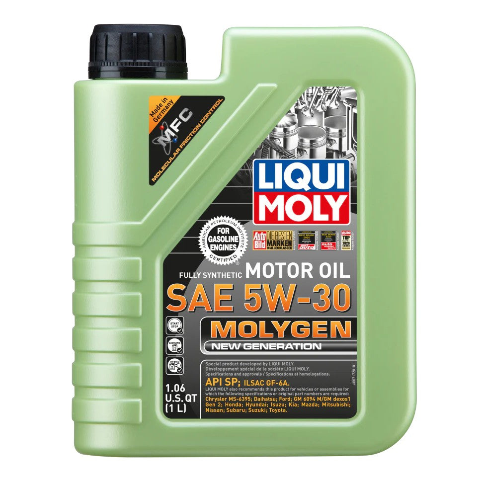 One liter bottle of LIQUI MOLY Molygen New Generation SAE 5W-30 motor oil with fluorescent green label