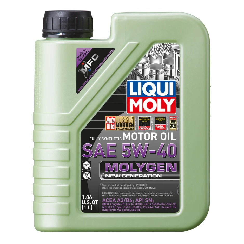 One liter bottle of LIQUI MOLY Molygen New Generation SAE 5W-40 synthetic motor oil