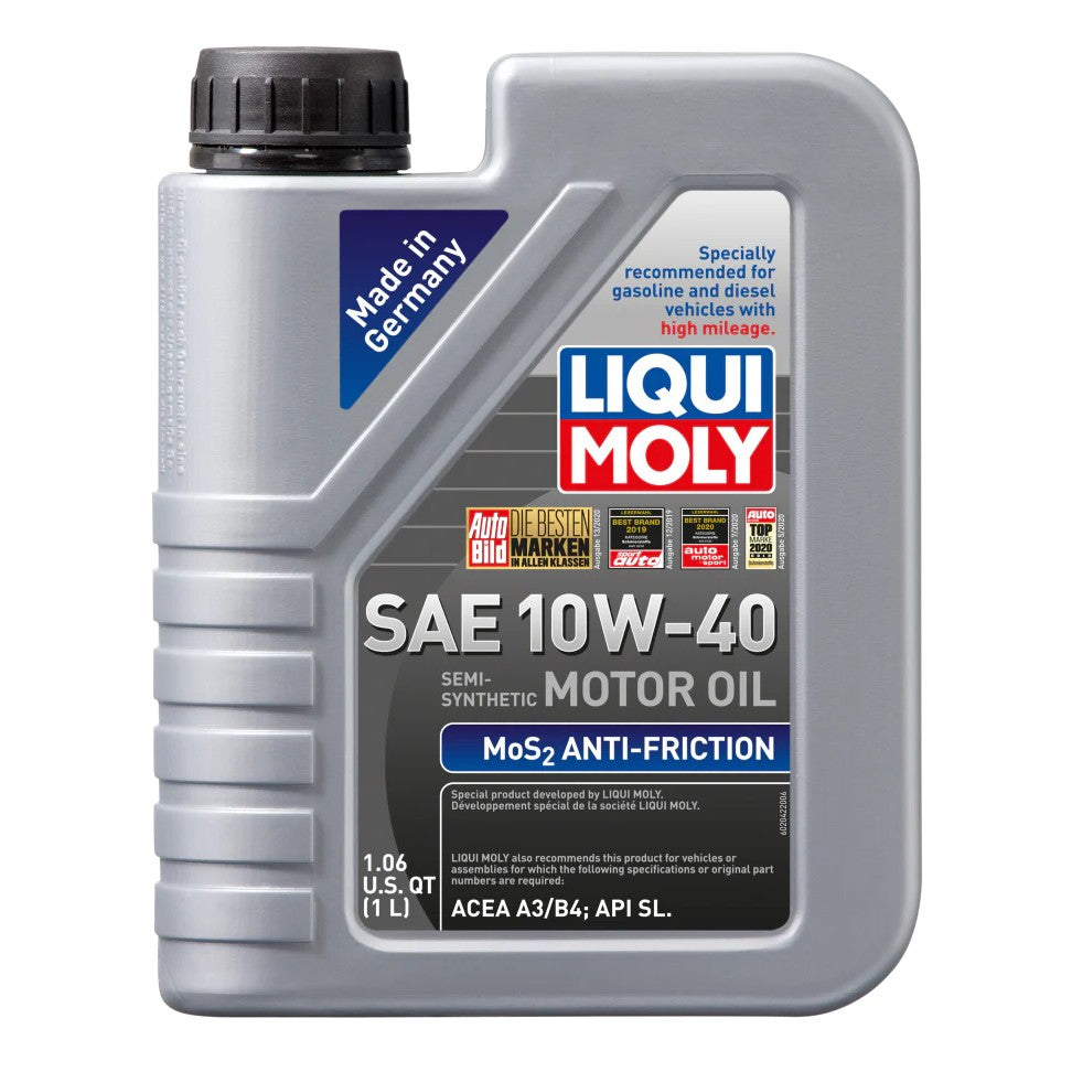 One liter bottle of gray LIQUI MOLY MoS2 Anti-Friction 10W-40 semi-synthetic motor oil.
