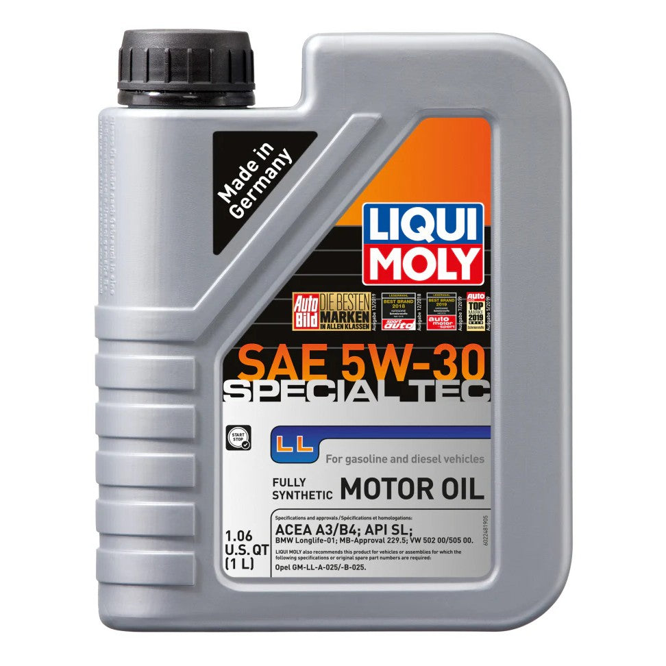 One liter bottle of LIQUI MOLY Special Tec LL 5W-30 synthetic motor oil