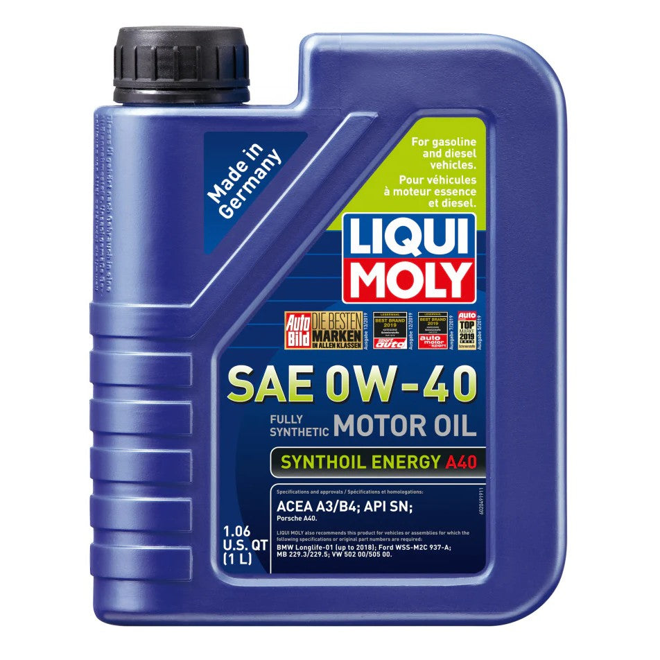 One liter bottle of LIQUI MOLY Synthoil Energy A40 SAE 0W-40 fully synthetic motor oil