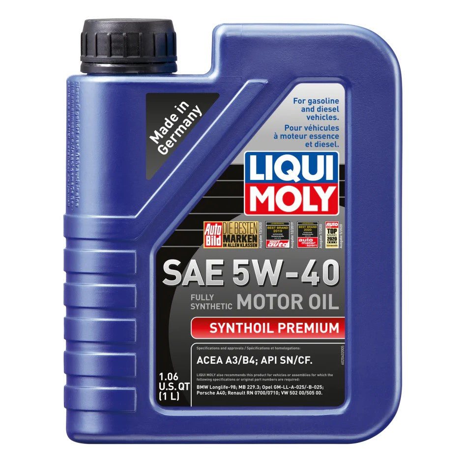 One liter bottle of LIQUI MOLY Synthoil Premium SAE 5W-40 fully synthetic motor oil.