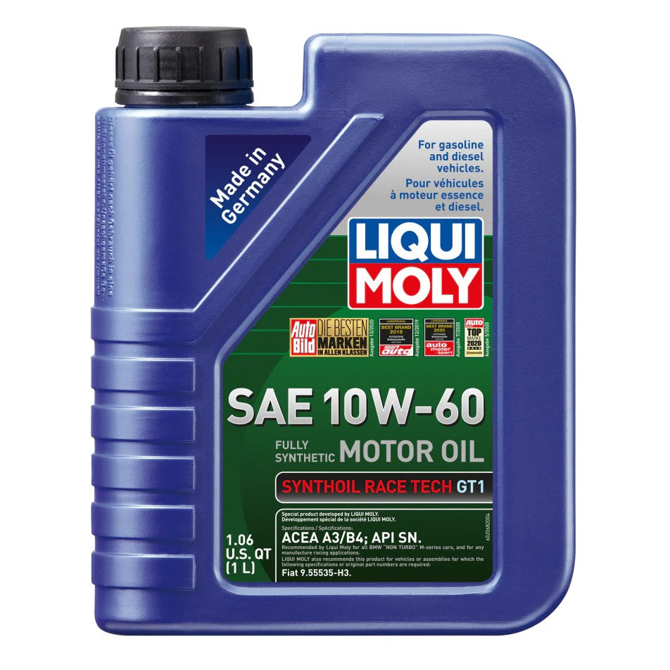 One liter bottle of LIQUI MOLY Synthoil Race Tech GT1 10W-60 fully synthetic motor oil
