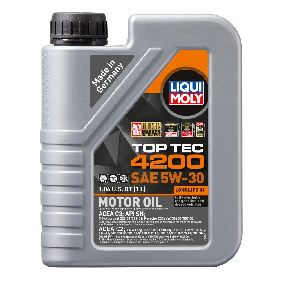 1 liter bottle of LIQUI MOLY Top Tec 4200 New Generation SAE 5W-30 synthetic motor oil