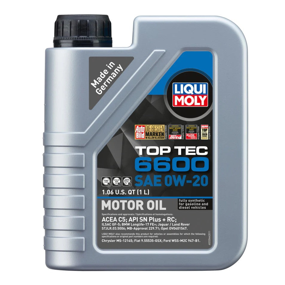 One liter bottle of LIQUI MOLY Top Tec 6600 SAE 0W-20 fully synthetic motor oil