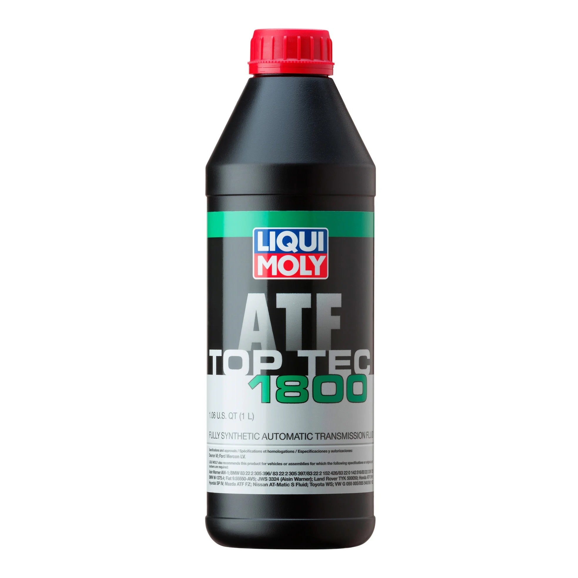 One liter bottle of LIQUI MOLY Top Tec ATF 1800 fully synthetic automatic transmission fluid.