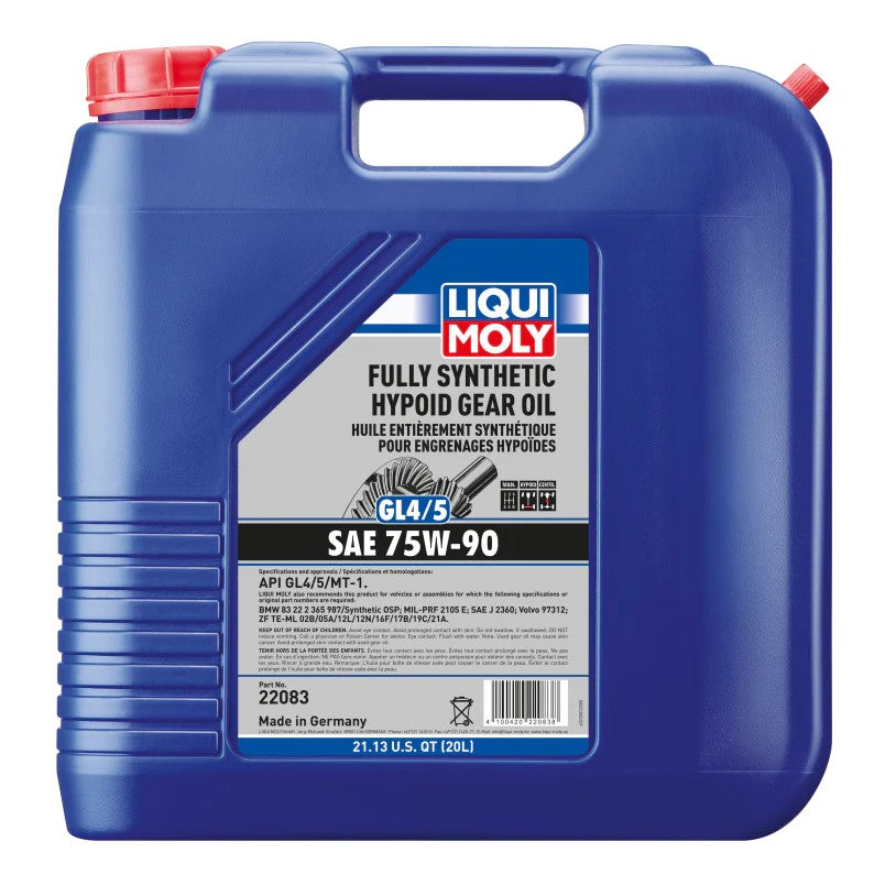 Blue 20 liter container of LIQUI MOLY 75W-90 fully synthetic hypoid gear oil for GL4 and GL5 applications