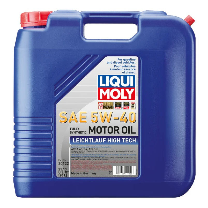 20 liter blue container of LIQUI MOLY Leichtlauf High Tech 5W-40 fully synthetic motor oil.