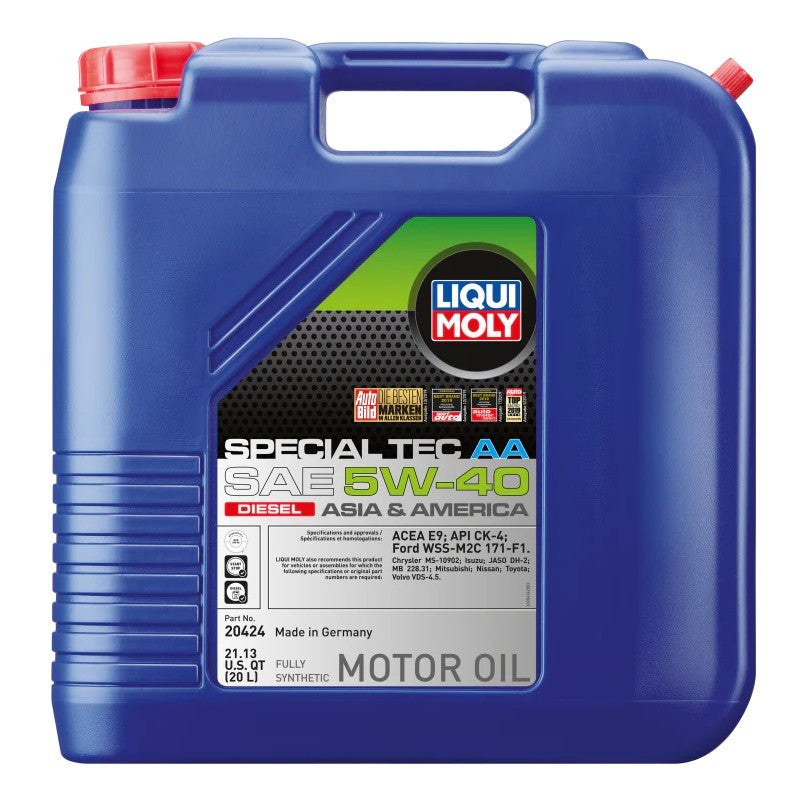 20-liter container of LIQUI MOLY Special Tec AA SAE 5W-40 synthetic motor oil for diesel engines