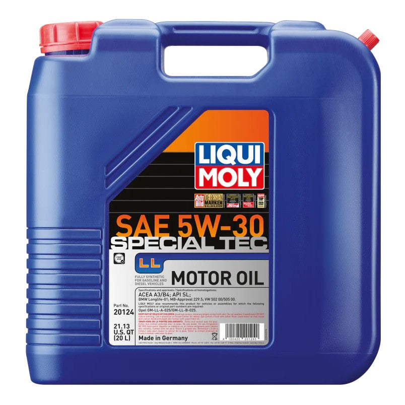 20-liter jug of LIQUI MOLY Special Tec LL SAE 5W-30 motor oil for gasoline and diesel engines.