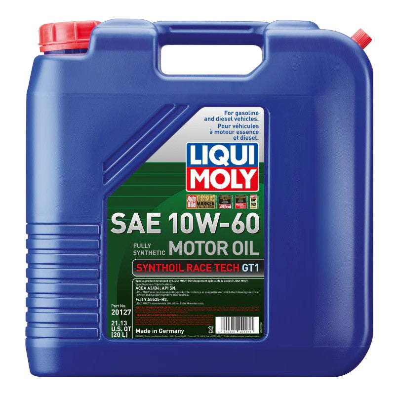 20 liter blue container of LIQUI MOLY Synthoil Race Tech GT1 10W60 fully synthetic motor oil.