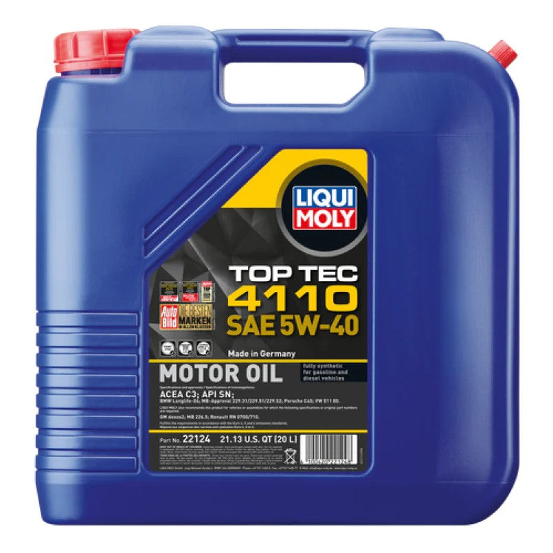 Large 20L blue container of LIQUI MOLY Top Tec 4110 SAE 5W-40 synthetic technology motor oil