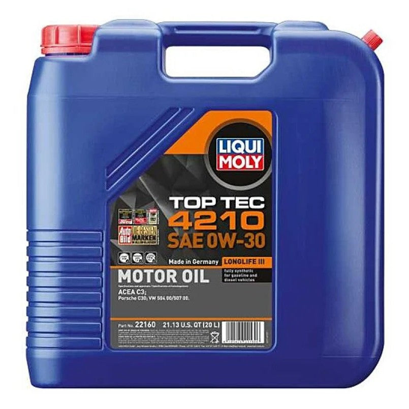20L blue container of Liqui Moly Top Tec 4210 SAE 0W-30 high-tech synthetic motor oil.