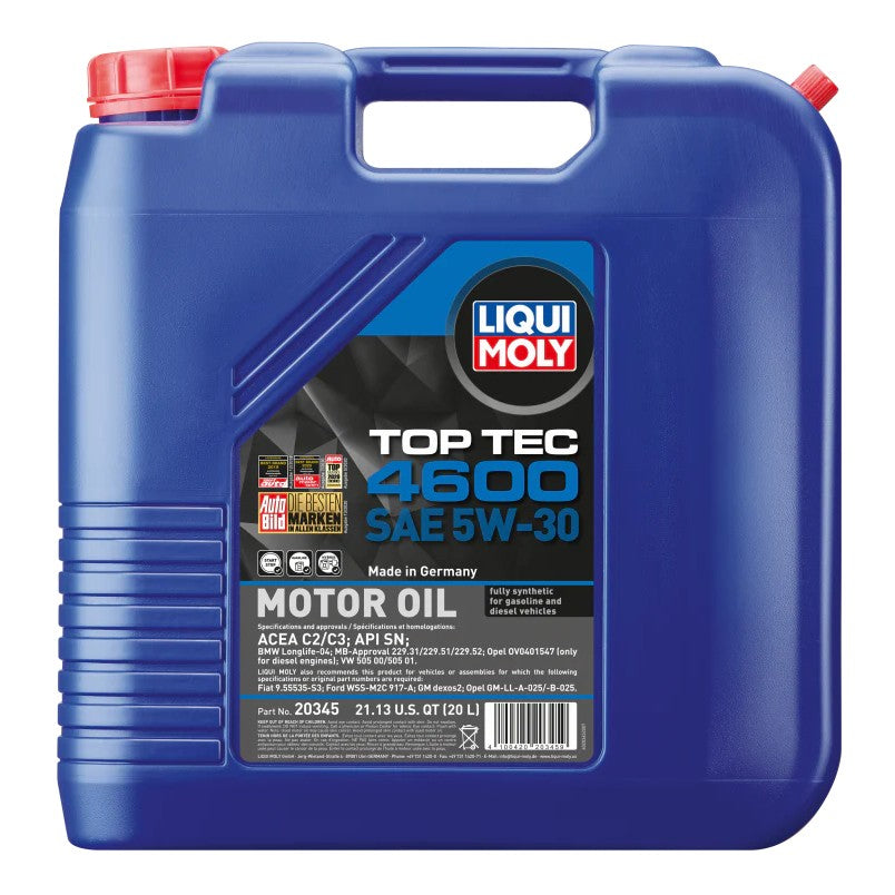 20 liter container of LIQUI MOLY Top Tec 4600 SAE 5W-30 fully synthetic motor oil