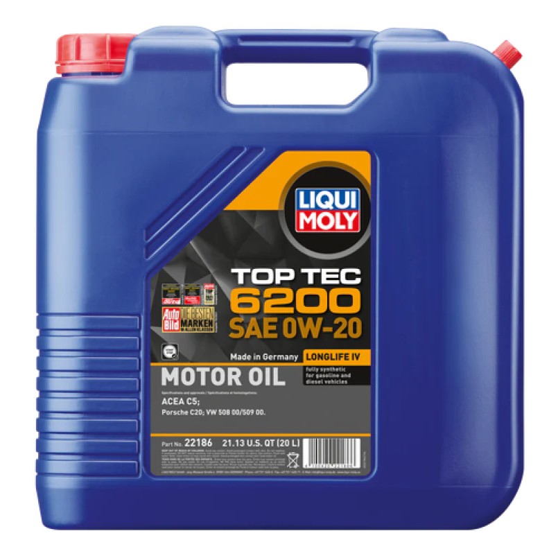 20 liter container of LIQUI MOLY Top Tec 6200 SAE 0W-20 synthetic motor oil