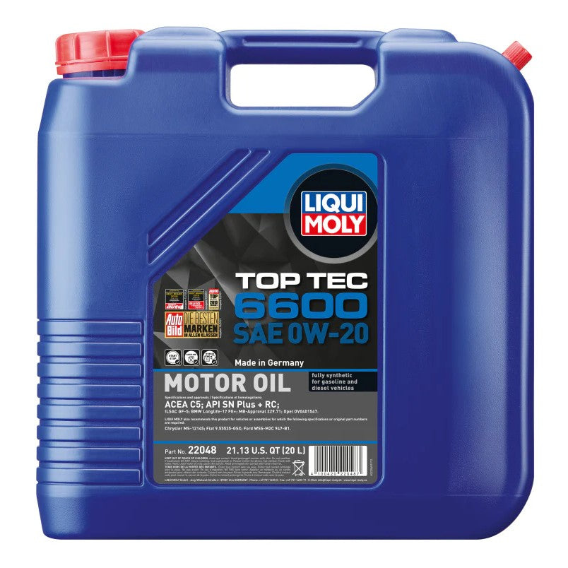 20 liter container of LIQUI MOLY Top Tec 6600 SAE 0W-20 fully synthetic motor oil