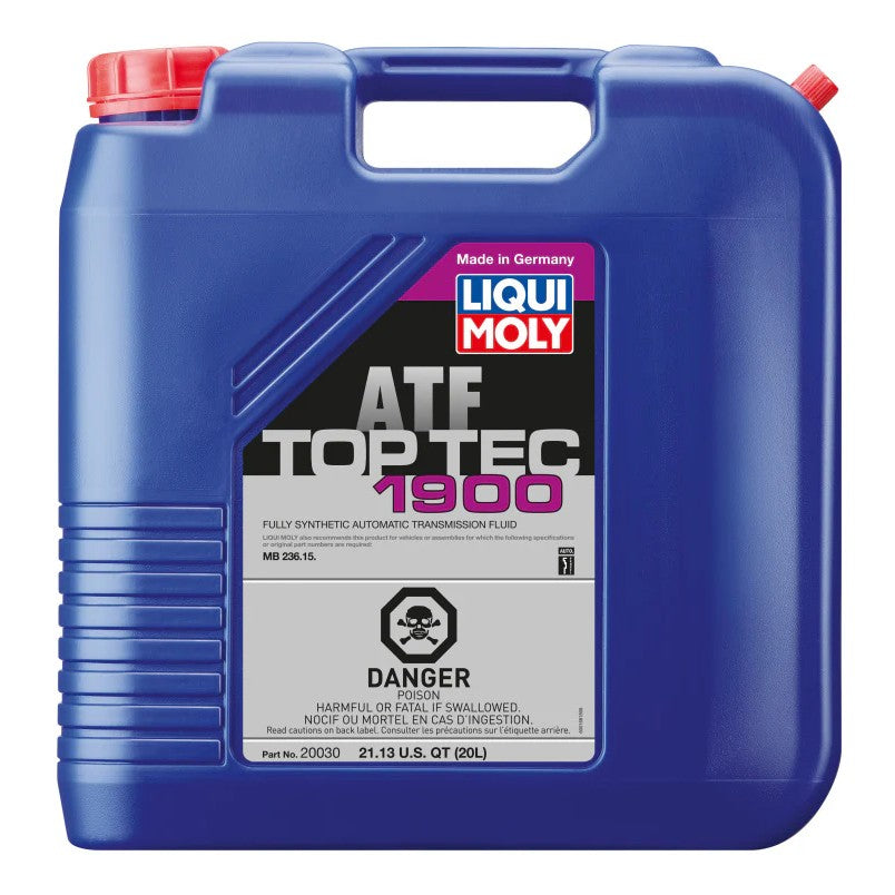 20 Liter container of blue LIQUI MOLY Top Tec ATF 1900 fully synthetic automatic transmission fluid.