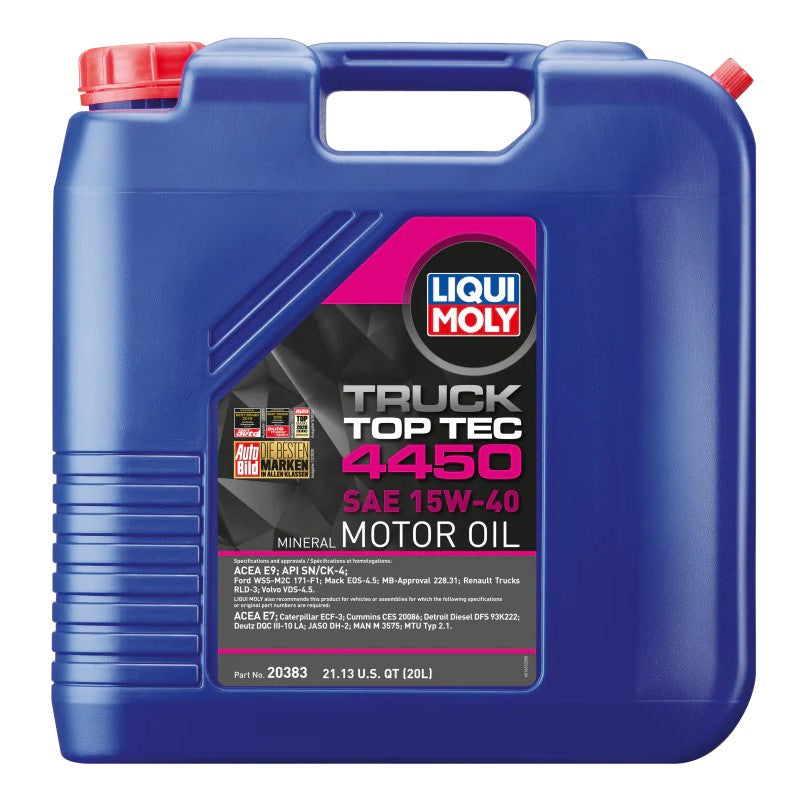 20-liter jug of LIQUI MOLY Top Tec Truck 4450 SAE 15W-40 heavy-duty diesel motor oil