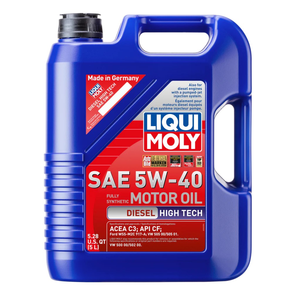 5-liter jug of LIQUI MOLY Diesel High Tech 5W-40 motor oil for Volkswagen diesel and turbocharged engines
