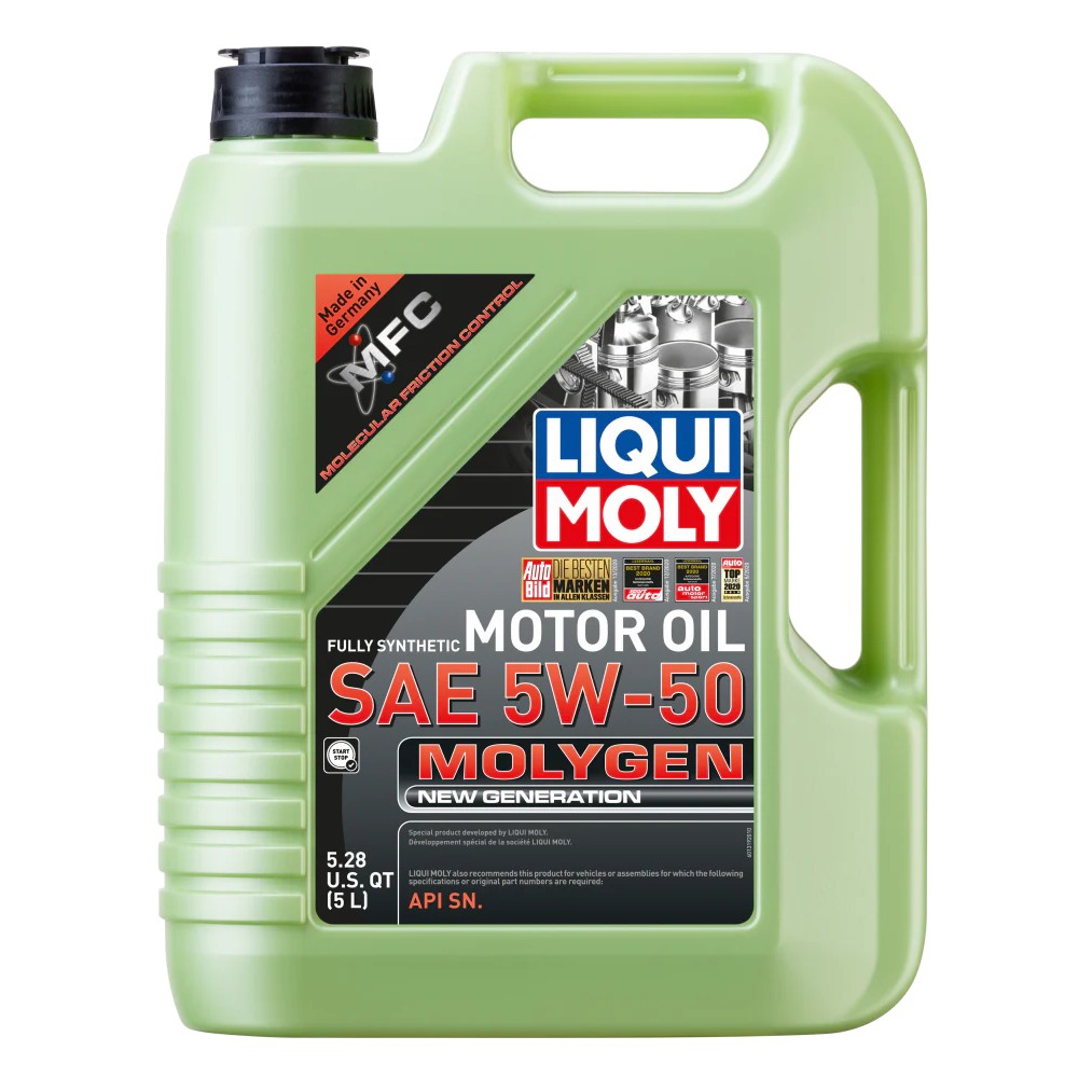5-liter bottle of LIQUI MOLY Molygen New Generation 5W-50 fully synthetic motor oil with green MFC technology label.
